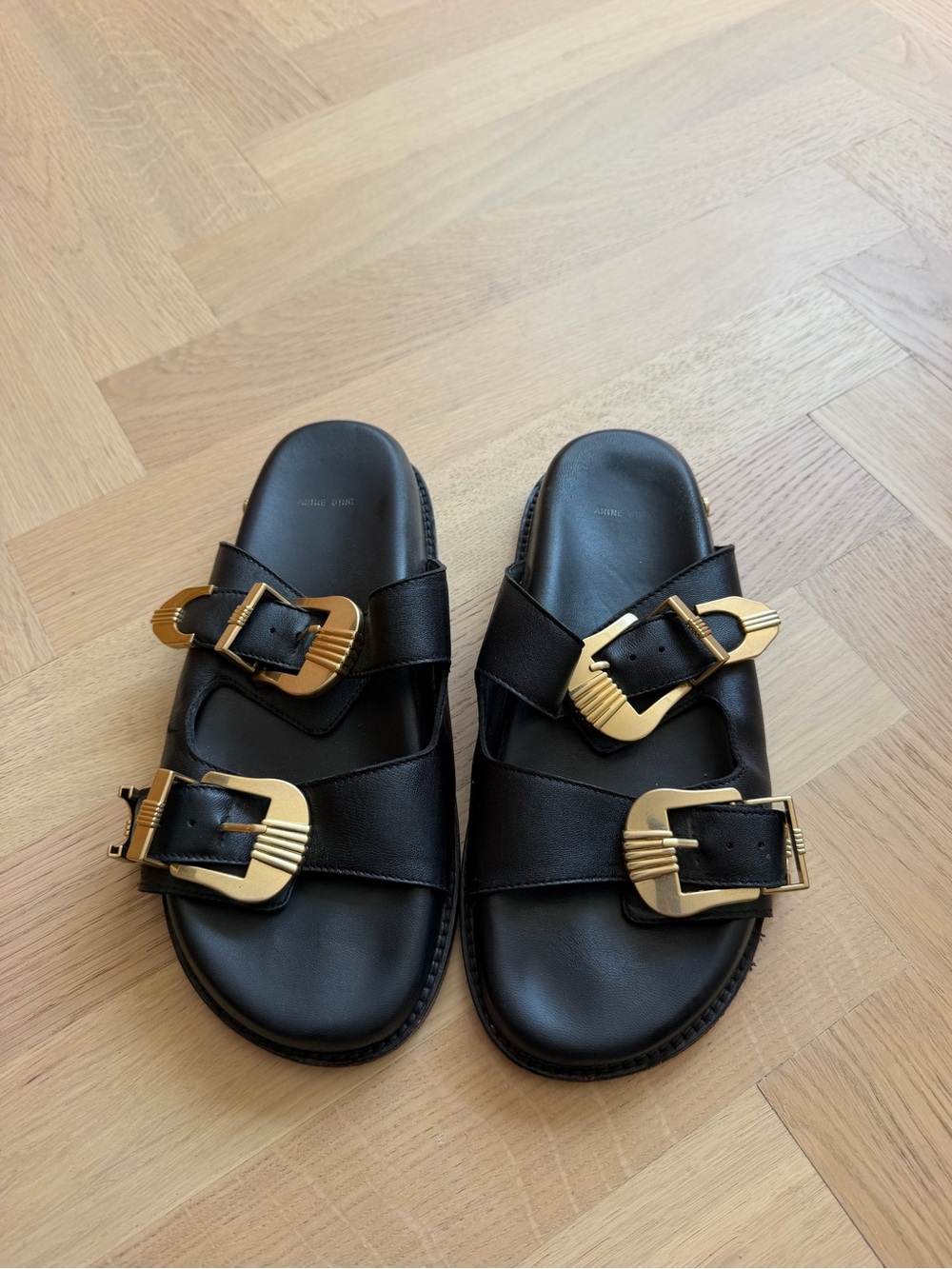 Anine Bing Black Leather Slide Sandals with Gold Buckles - Picture 7 of 16